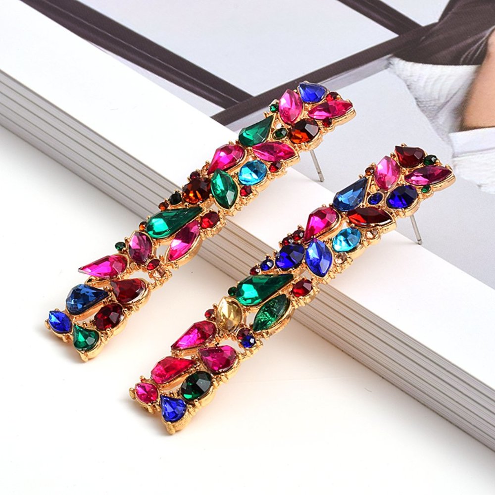 Rectangle Colorful Diamond Full Crystals Earring for Women, P1030 - Picture 2 of 6